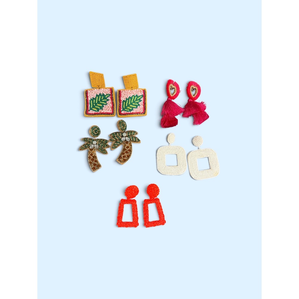 Lot of 5 Beaded Statement Earrings Palm Tree Tassel Geometric Boho Tropical